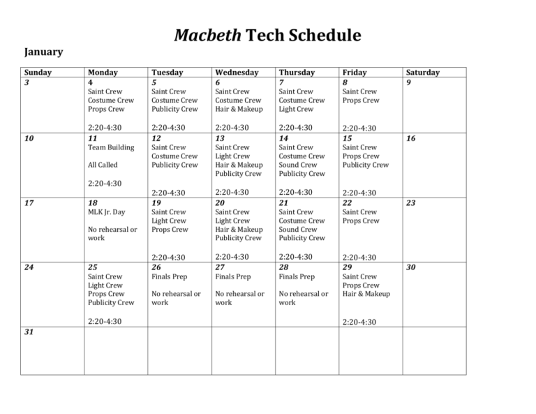 Macbeth Tech Schedule Everett Public Schools