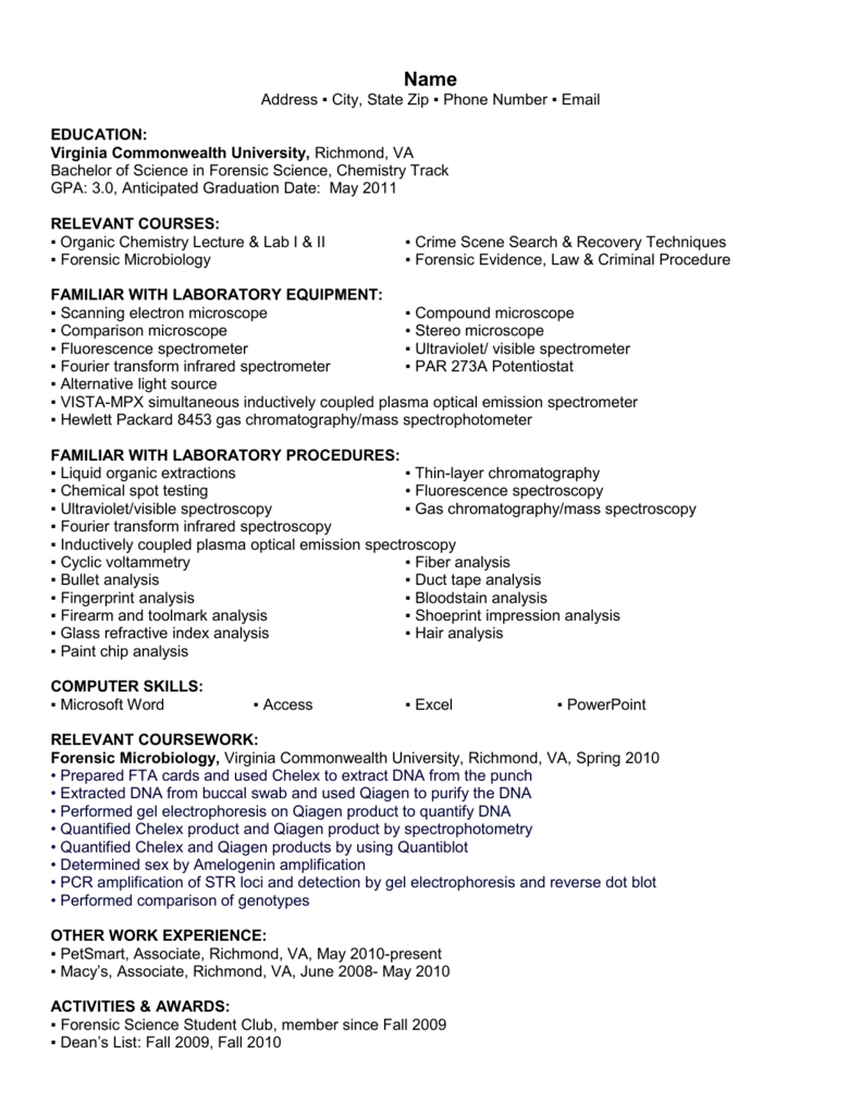 Sample FS Resume Virginia Commonwealth University