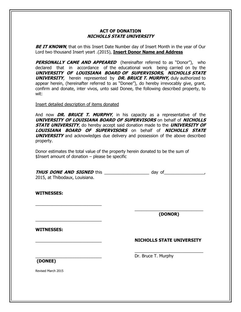 Free Printable Act Of Donation Form Louisiana Printable Templates