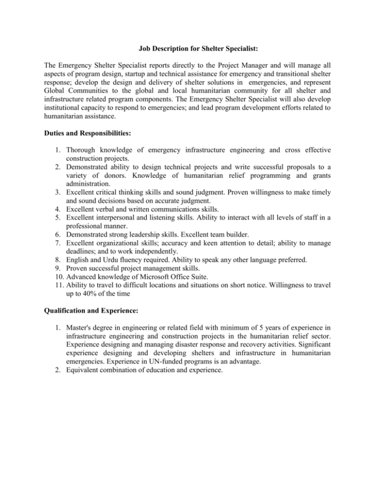 Job Description For Shelter Specialist The Emergency Shelter