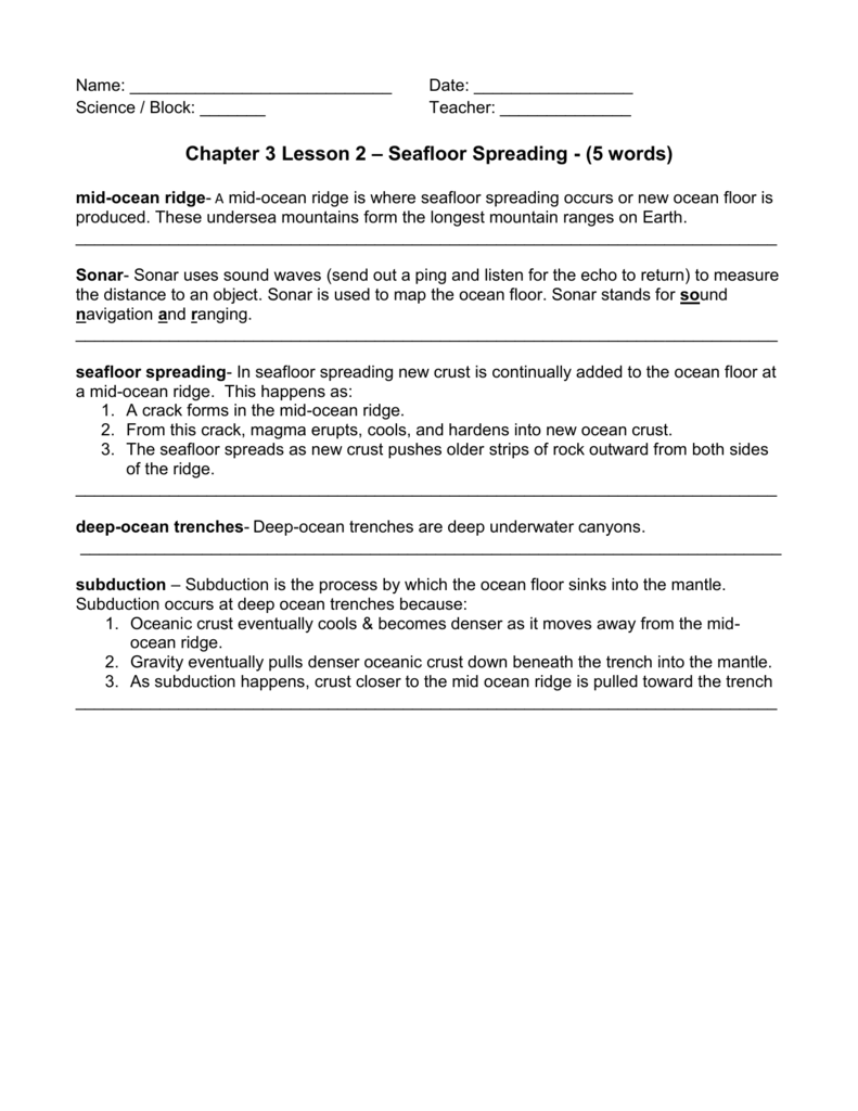 Chapter 211 Lesson 21 – Seafloor Spreading Within Sea Floor Spreading Worksheet Answer