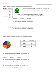 Probability Predictions Name Use the table and the number cube to