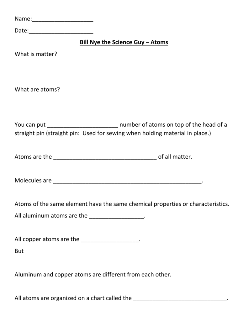 Bill Nye Guided Notes/Atom Within Bill Nye Atoms Worksheet