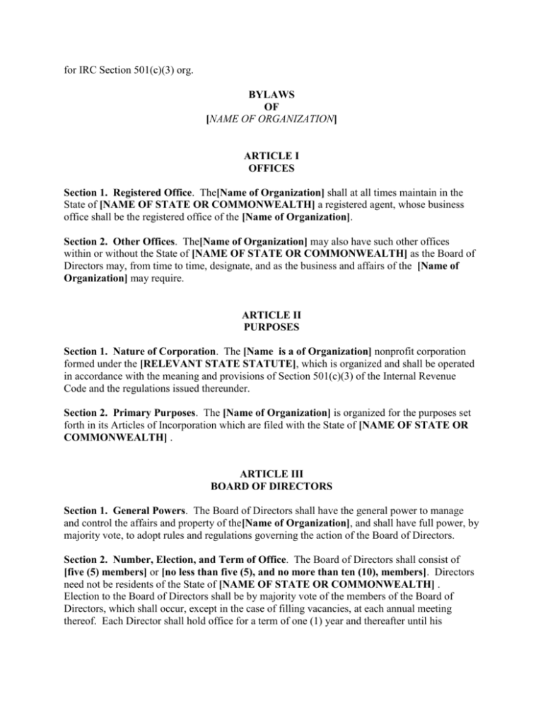 Sample Bylaws For 501c3 Not For Profit Organization
