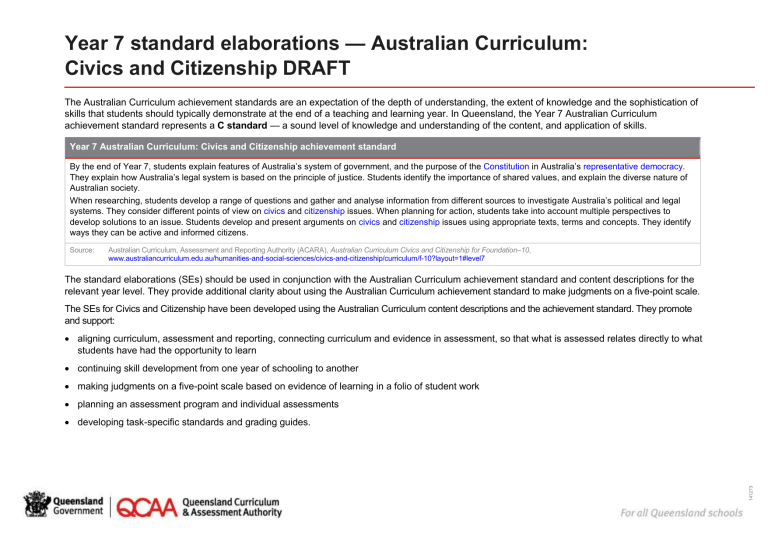 Year 7 Civics And Citizenship Standard Elaborations