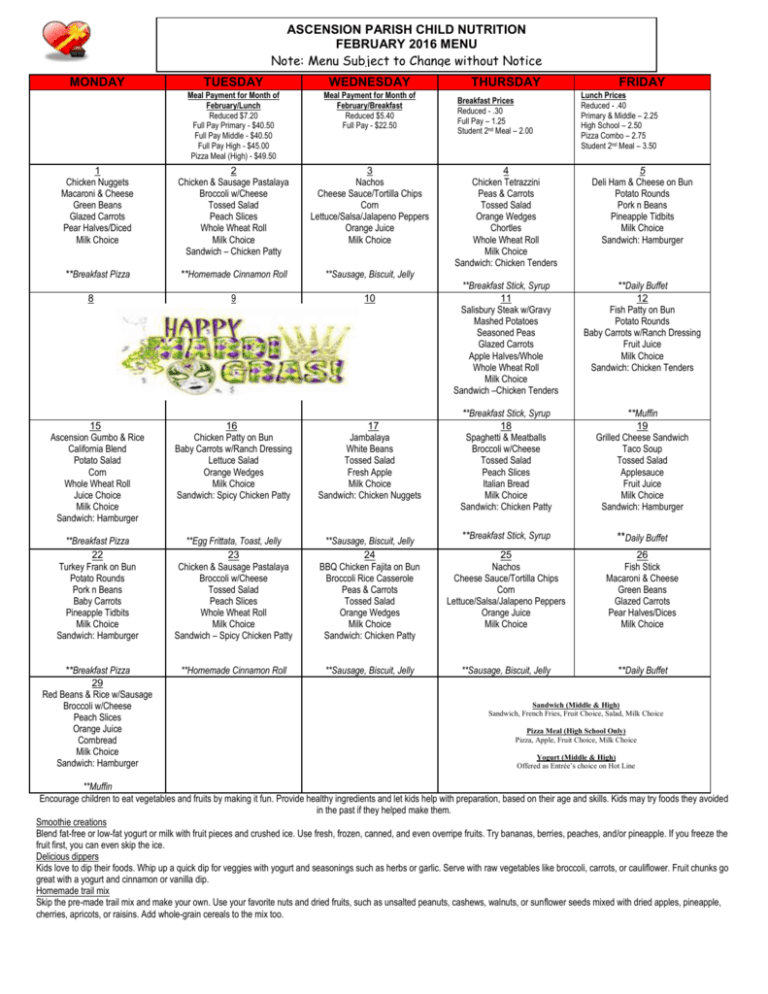 february 2016 menu Ascension Parish Schools