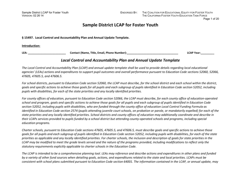 Education Lcap Form.pdf Sample District LACP for Foster Youth