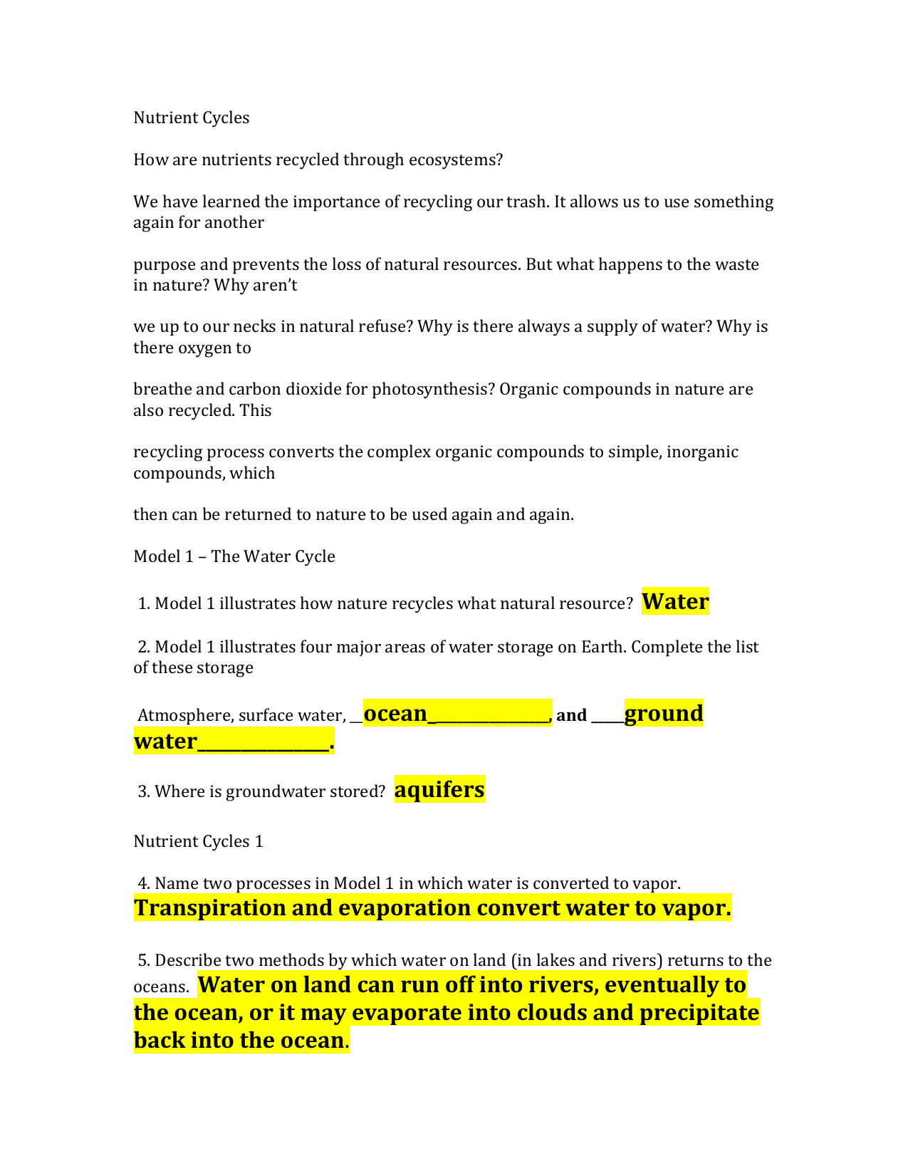 Nutrient Cycles water cycle answers With Regard To Nutrient Cycles Worksheet Answers