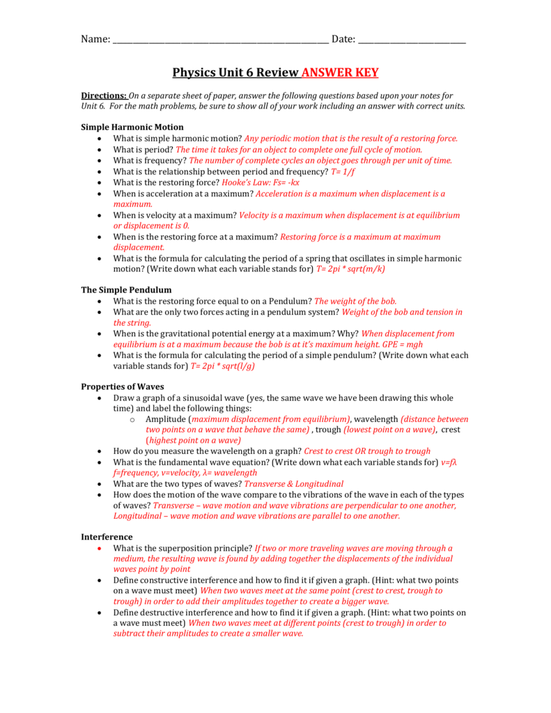 Physics Unit 6 Review ANSWER KEY