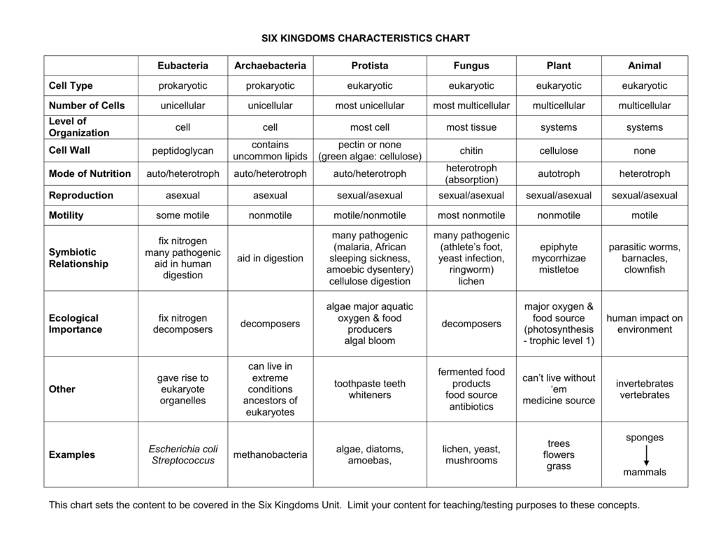 Domain And Kingdom Characteristics Chart