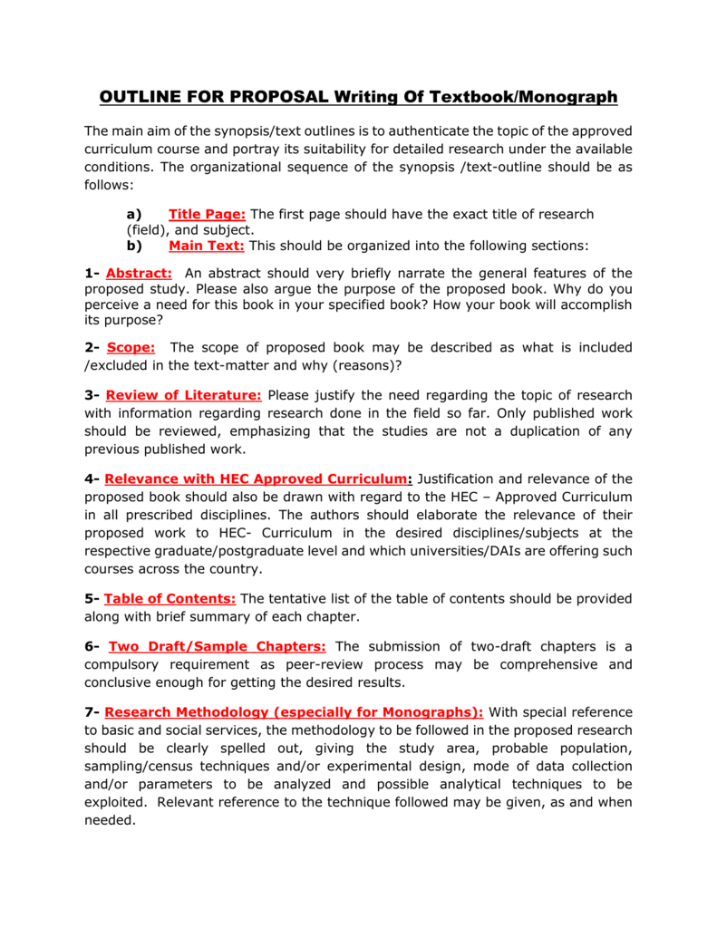 OUTLINE FOR PROPOSAL Writing Of Textbook & monograph