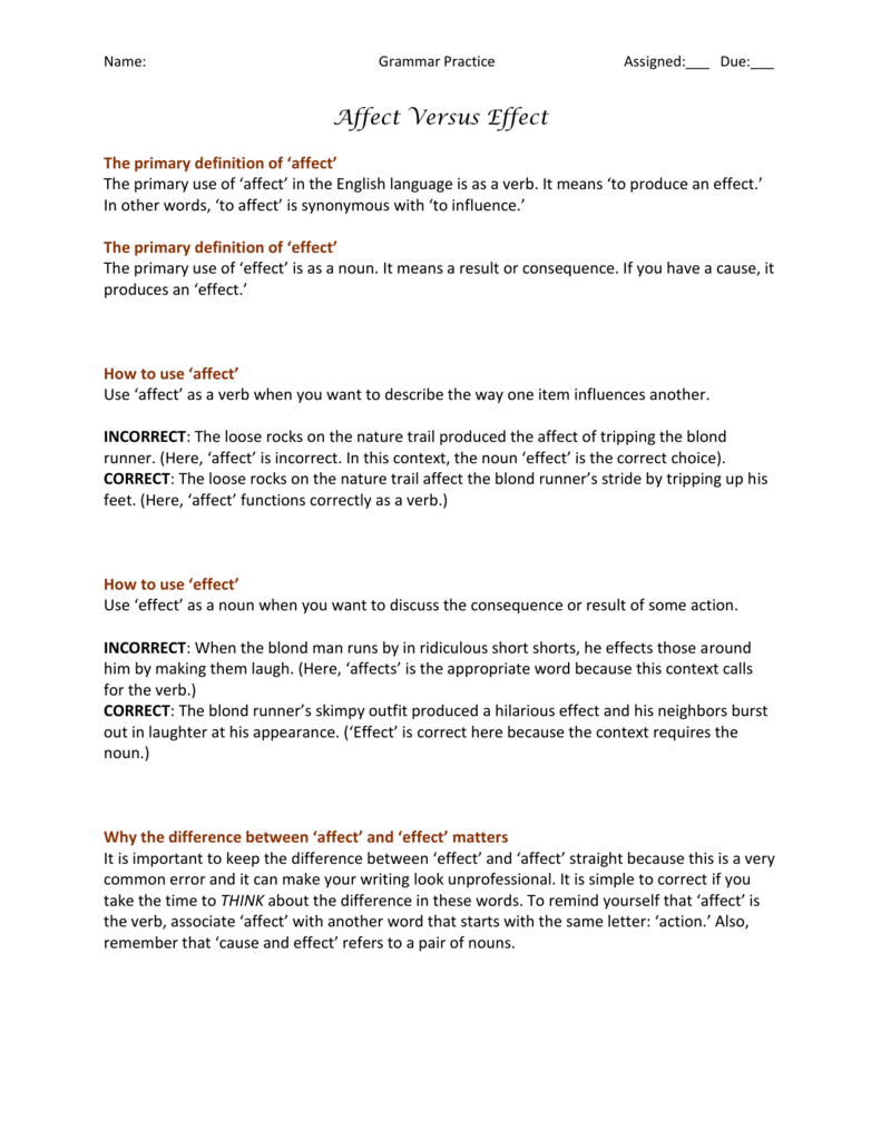 Name: Grammar Practice Assigned:___ Due:___ Affect Versus Inside Affect Vs Effect Worksheet