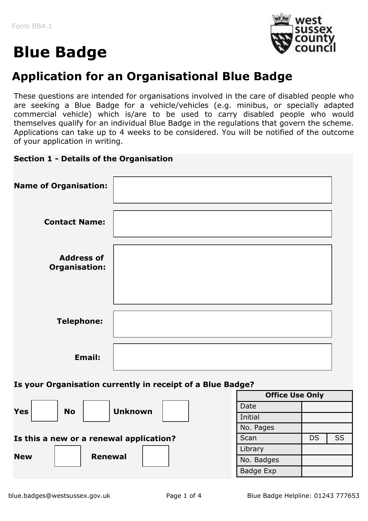Blue Badge Application Form West Sussex County Council