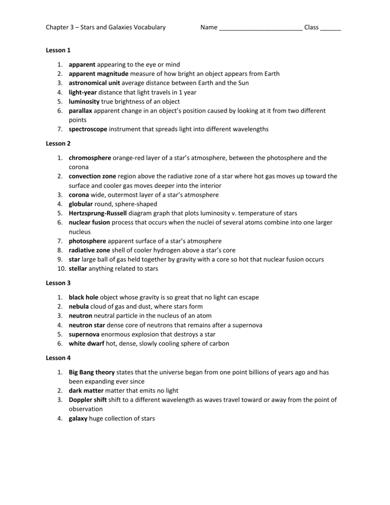 Chapter 21 – Stars and Galaxies Vocabulary Name Class ______ Intended For Stars And Galaxies Worksheet Answers