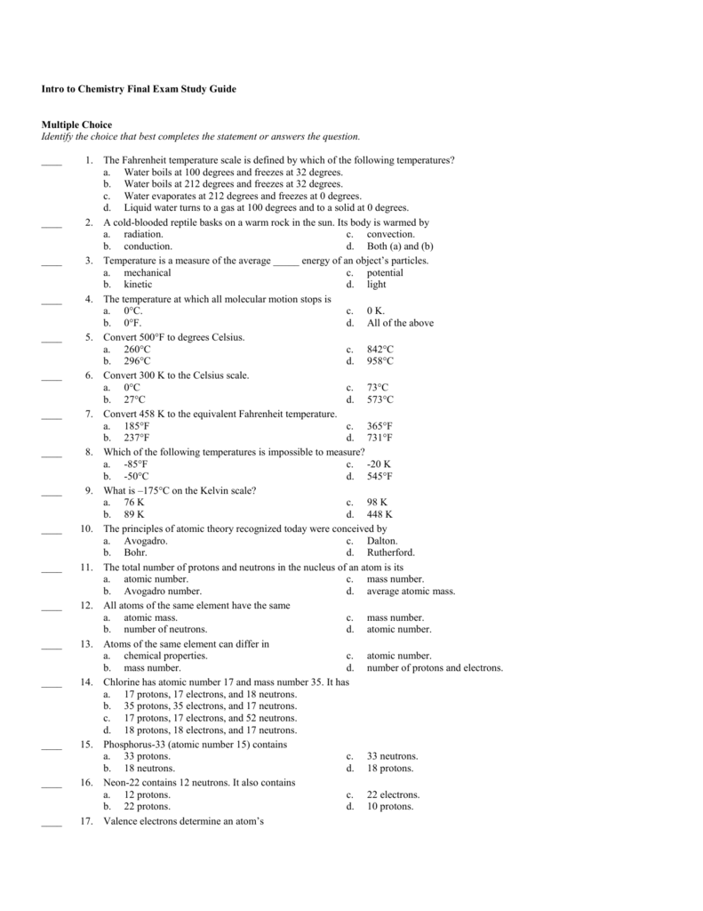 Intro to Chemistry Final Exam Study Guide Multiple Choice Identify