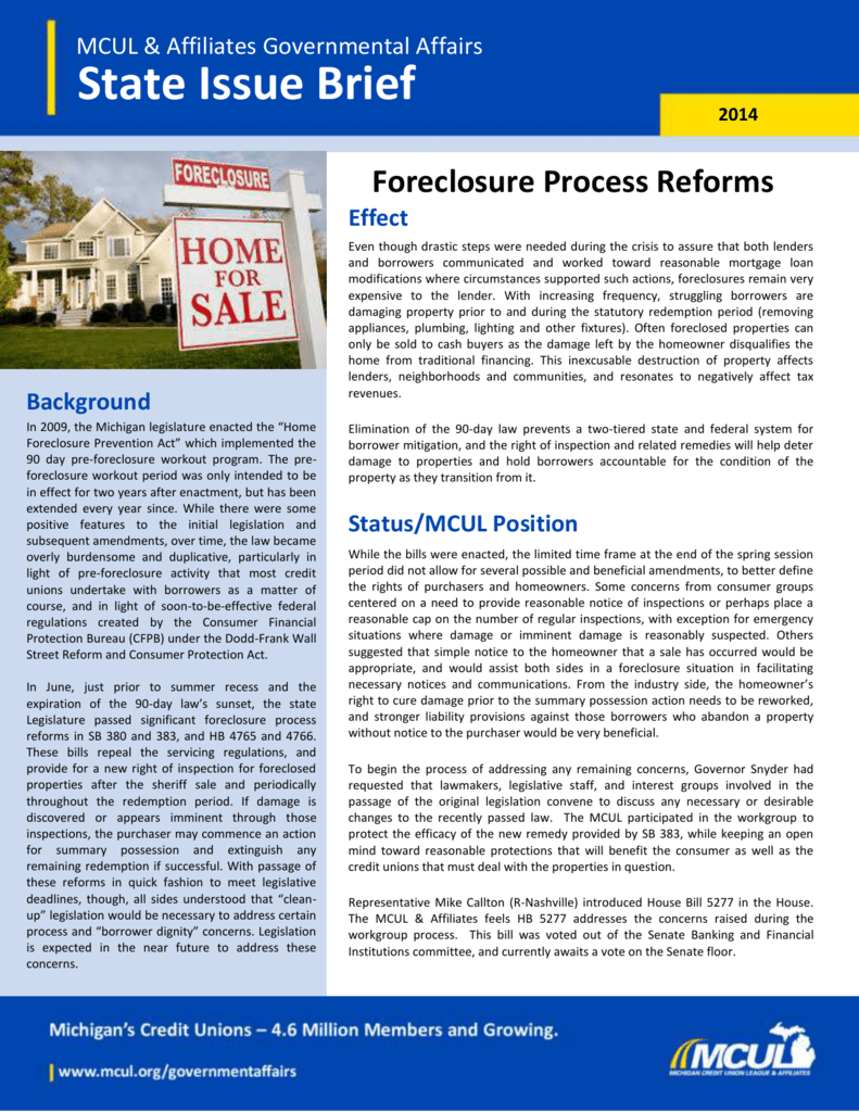 Foreclosure Process Reforms - Michigan Credit Union League
