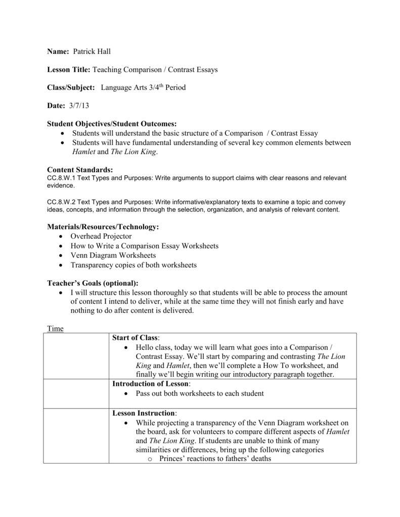 Lesson Plan: Teaching Comparison / Cotnrast Essay