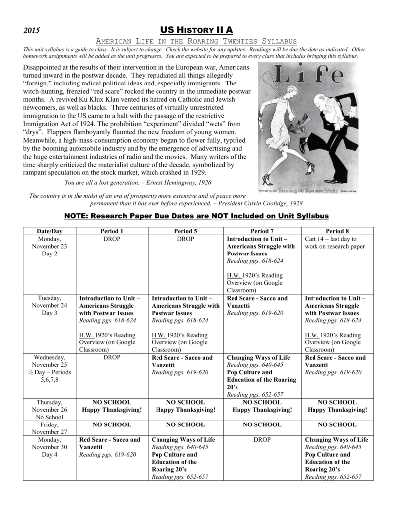 Roaring 20s Syllabus For The Roaring Twenties Worksheet