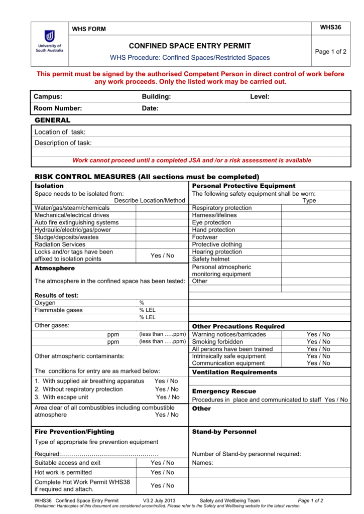 WHS36 Confined Space Entry Permit