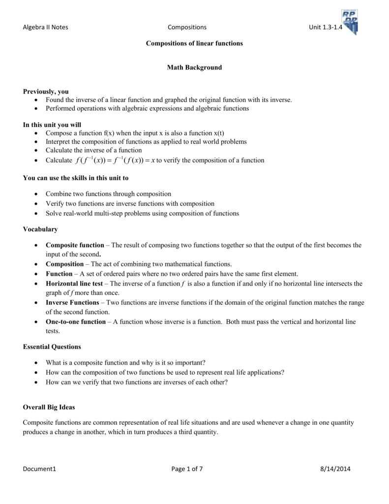 Algebra II Notes Compositions Unit 22.22 With Regard To Composite Function Worksheet Answer Key