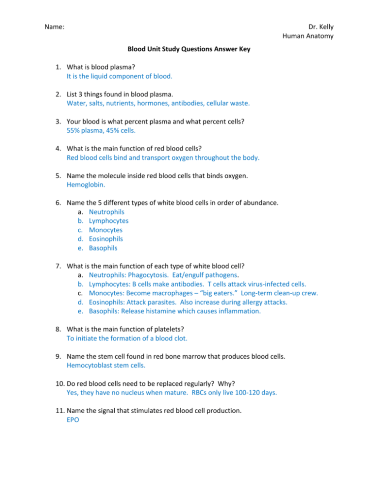 Blood Unit Study Questions Answer Key