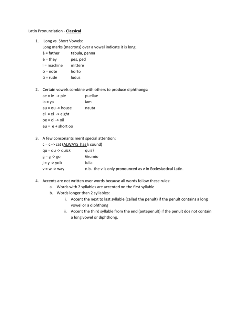 Latin Pronunciation Classical Long Vs Short Vowels Long Marks