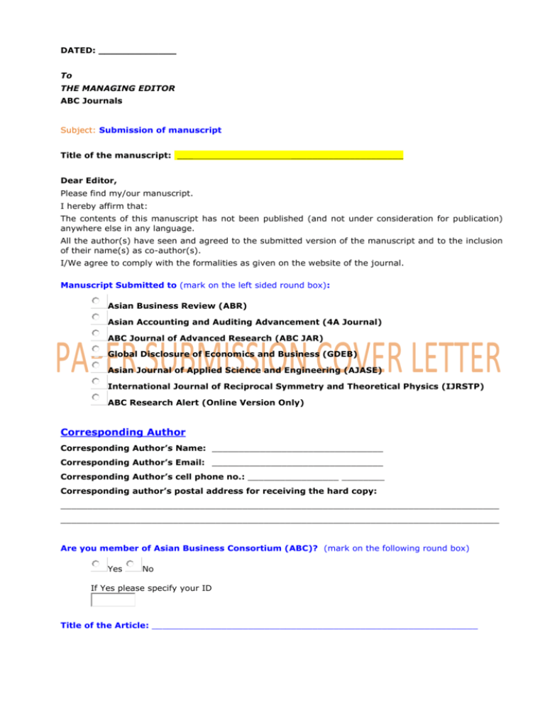 PAPER SUBMISSION COVER LETTER DATED To THE