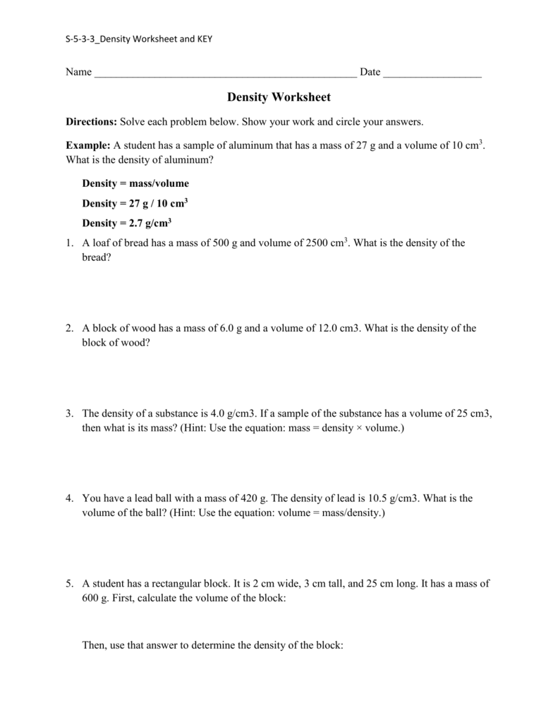 Density Worksheet Pdesas Offline
