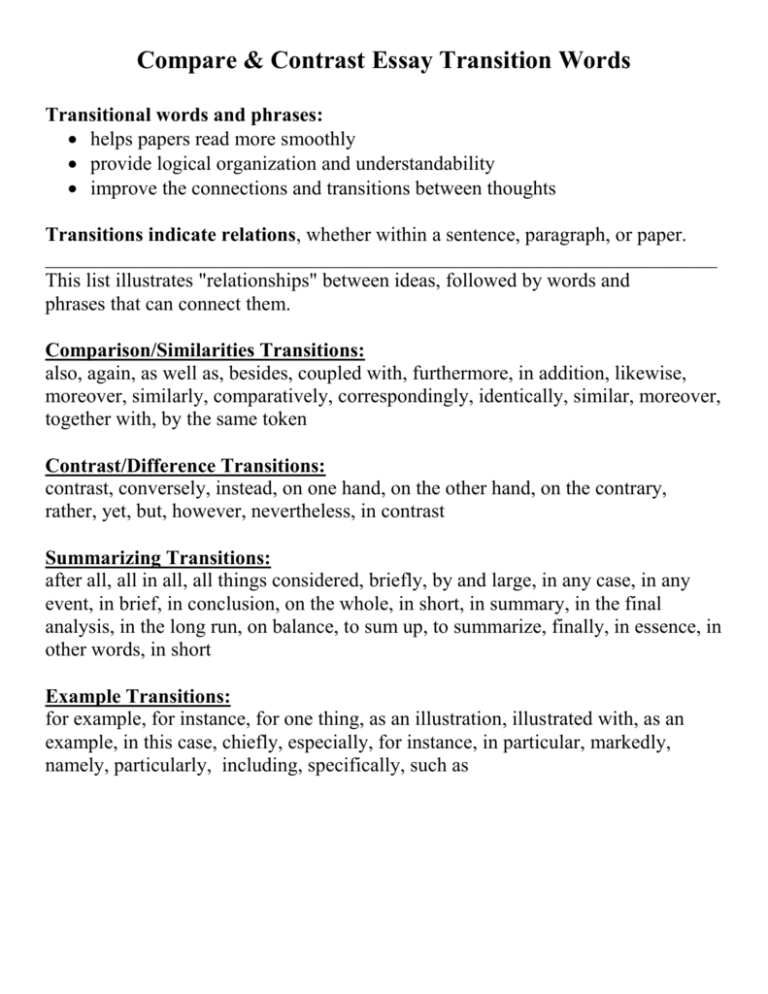 Compare Contrast Essay Transition Words Transitional