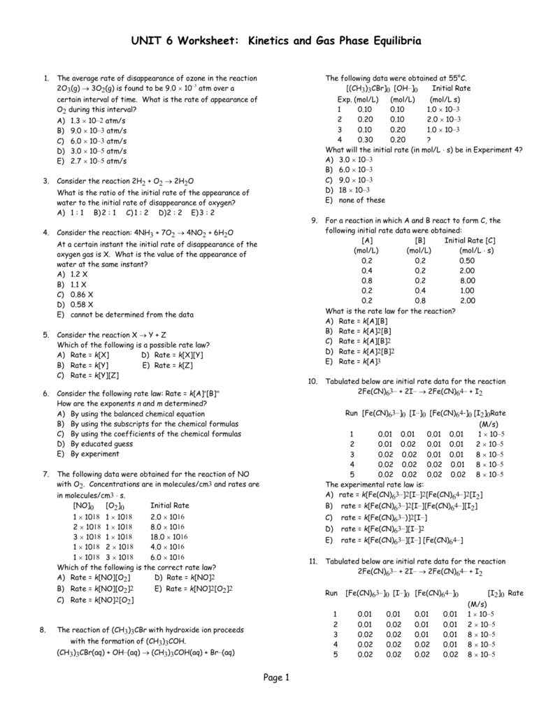 Unit 6 Kinetics And Gas Phase Equilibria