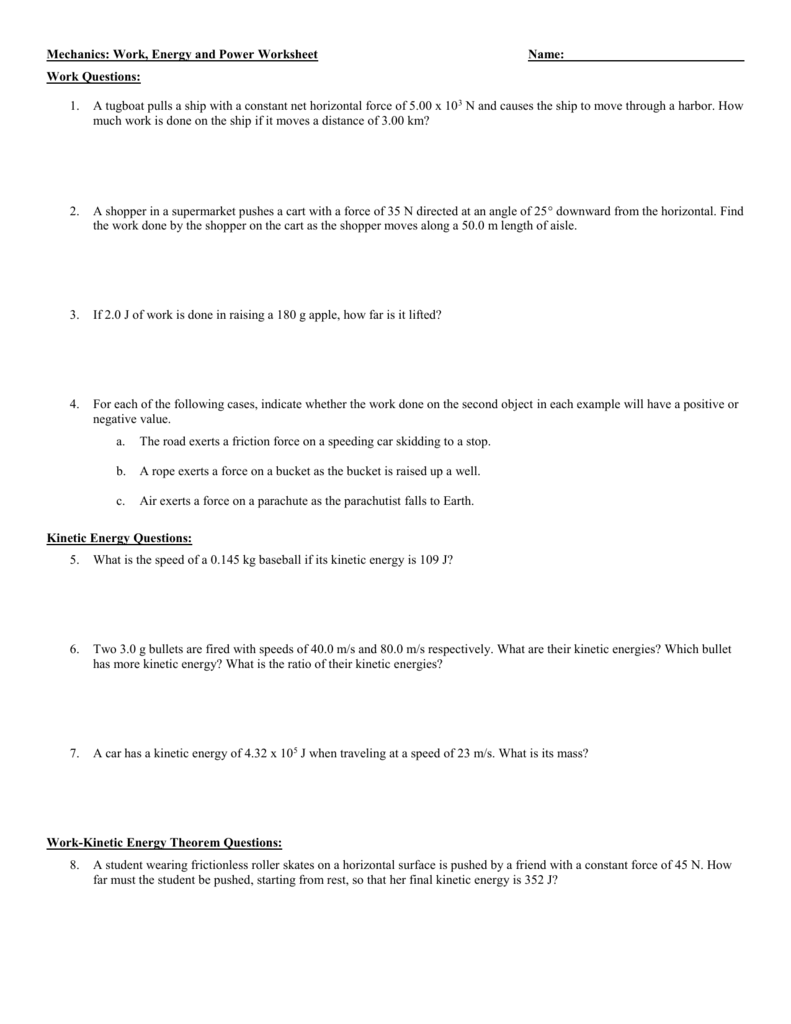 Work-Kinetic Energy Theorem Worksheet For Work And Energy Worksheet Answers