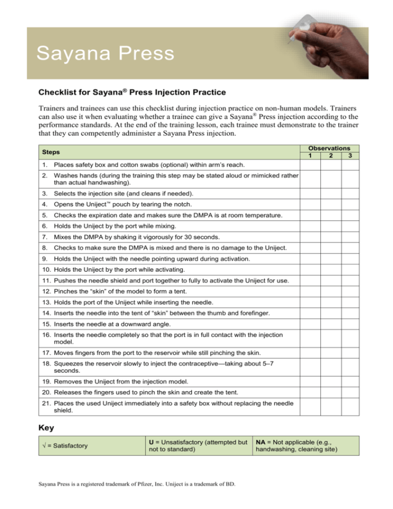 Checklist For Sayana Press Injection Practice