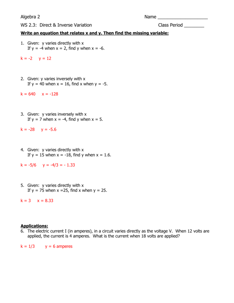 WS 11.11 Answer Key Within Direct And Inverse Variation Worksheet