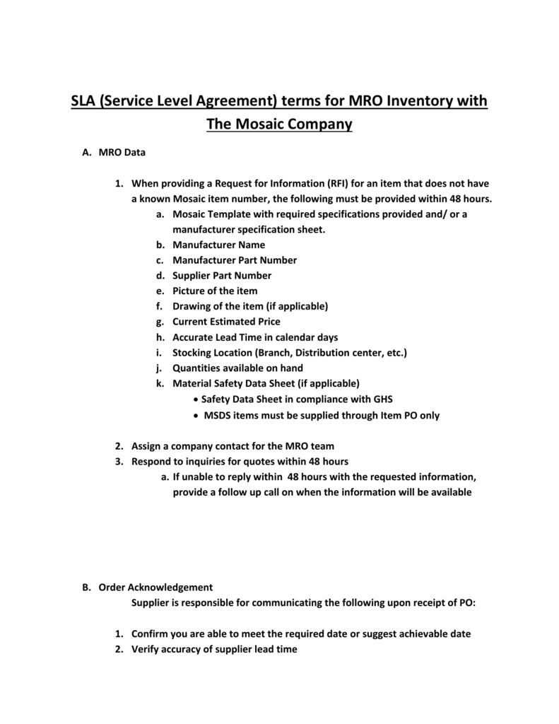 SLA (Service Level Agreement) terms for MRO Inventory with The In supplier service level agreement template