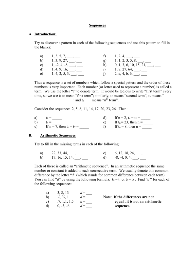 Sequences Introduction Try To Discover A Pattern In Each Of The