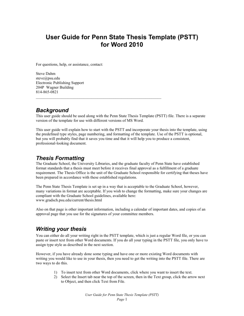 User Guide for Penn State Thesis Template (PSTT) In Ms Word Thesis Template