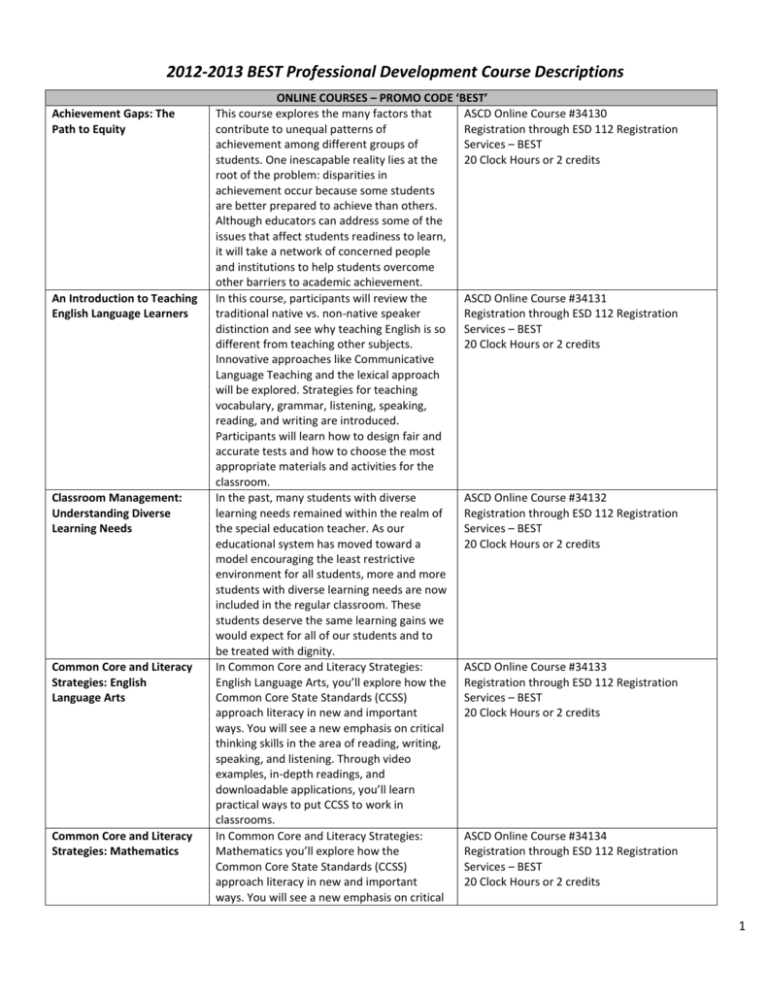 20122013 BEST Professional Development Course Descriptions