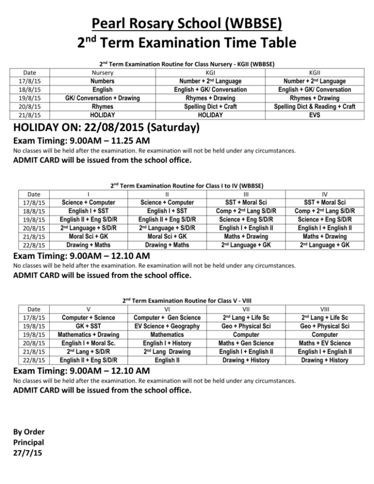 2 nd Term Examination Time Table