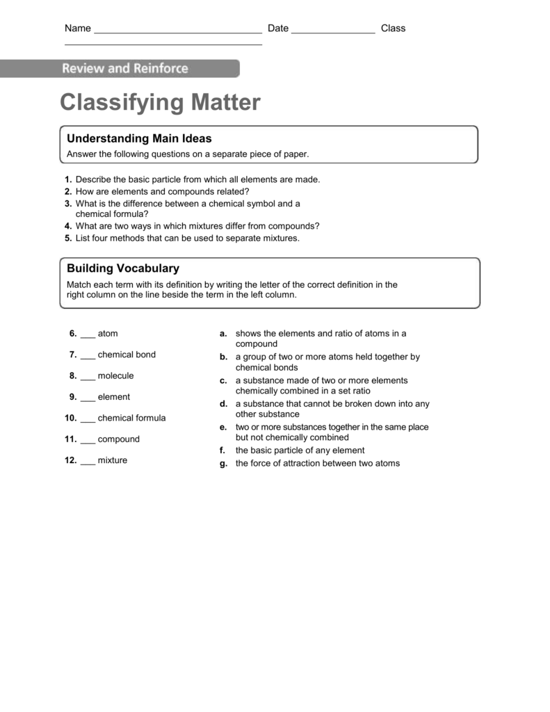 Classifying Matter Understanding Main Ideas Pertaining To Classifying Matter Worksheet Answer Key