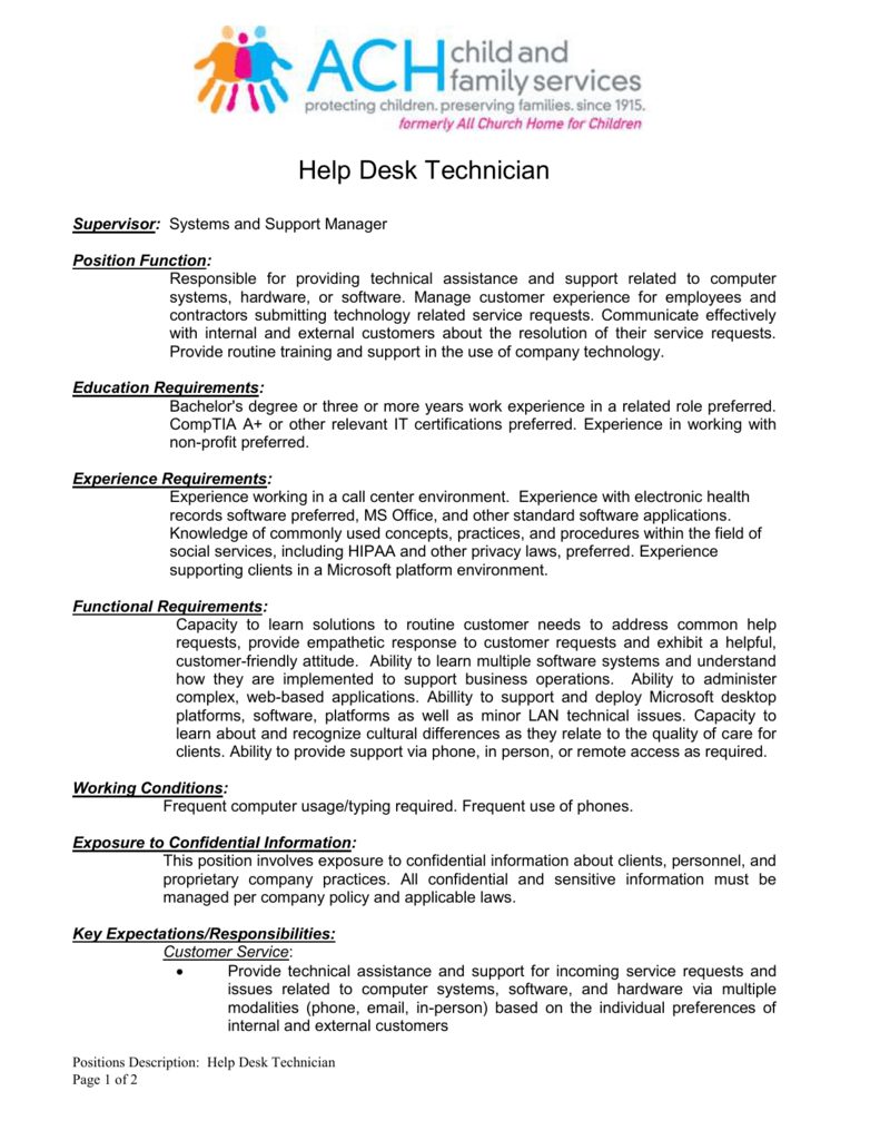 Lead help desk technician job description
