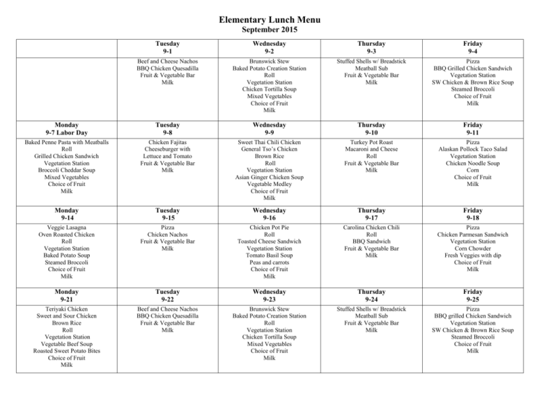 Elementary Lunch Menu