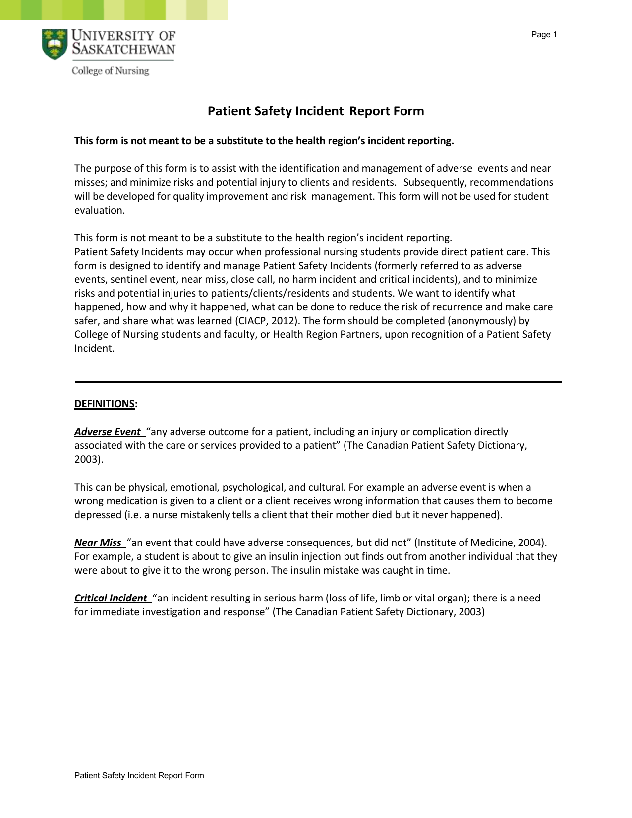 Patient Safety Incident Report Form Throughout Medication Incident Report Form Template