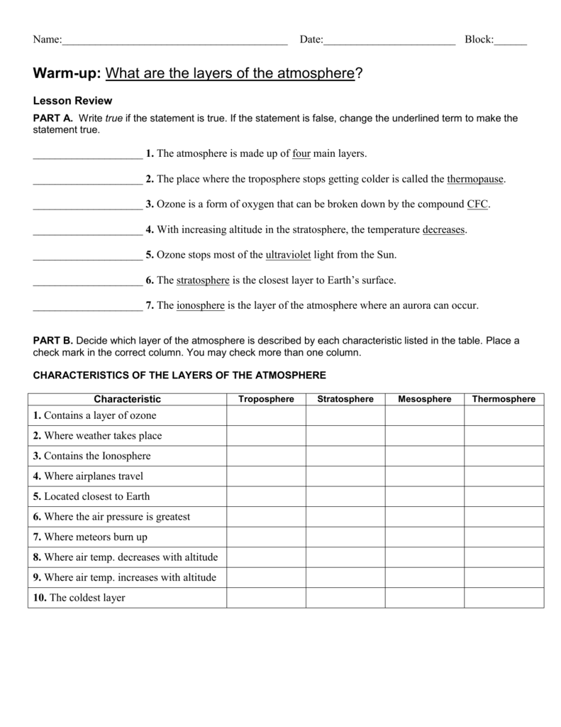 Atmosphere Layers For Layers Of The Atmosphere Worksheet