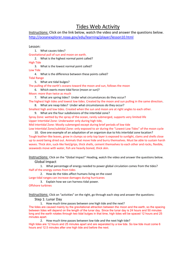 Tides Web Activity Answer Key