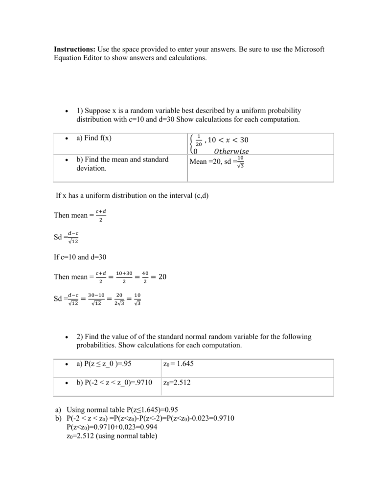 Instructions Use The Space Provided To Enter Your Answers Be Sure