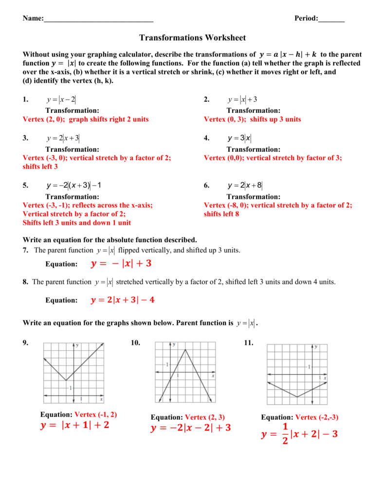Absolute Value Transformations For Transformations Of Functions Worksheet Answers