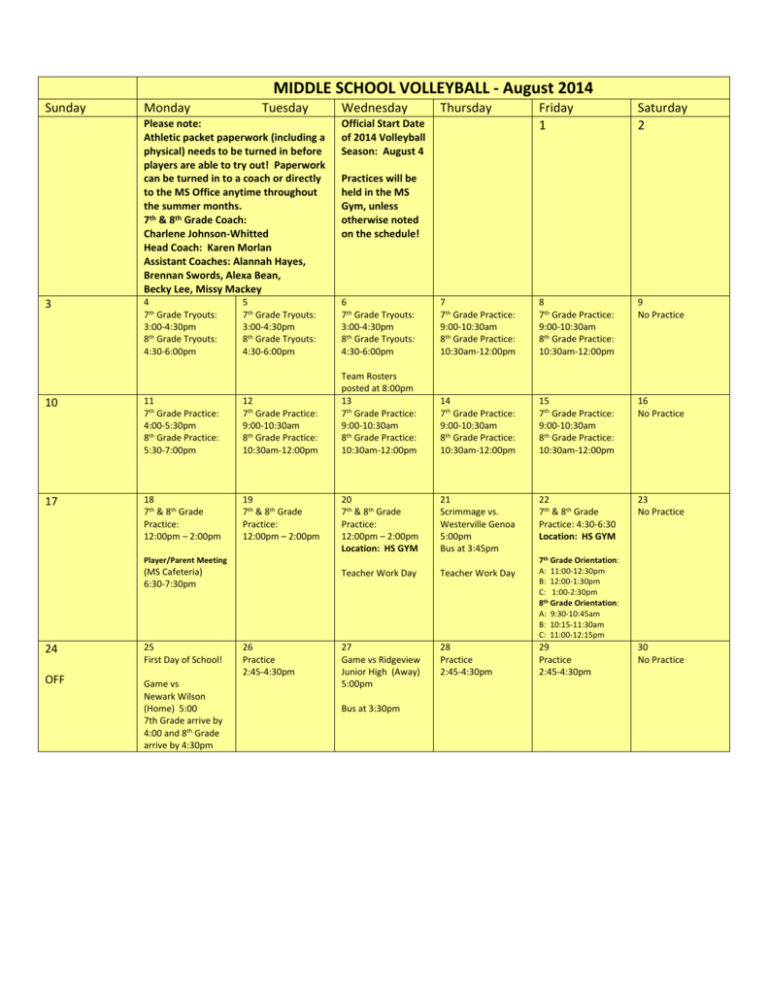 Middle School Volleyball August Schedule 
