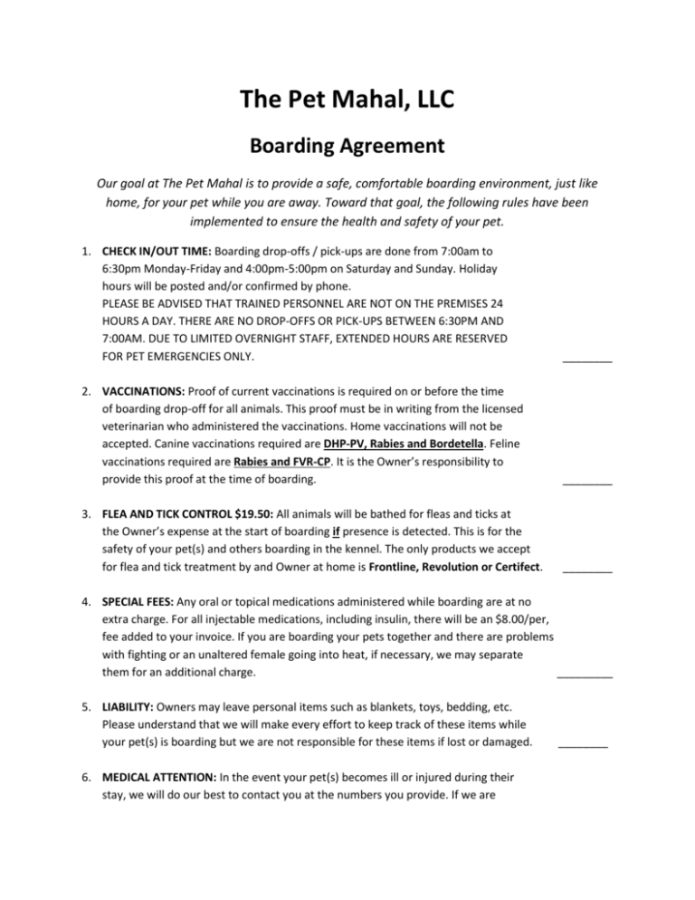 Boarding Agreement - The Pet Mahal.com
