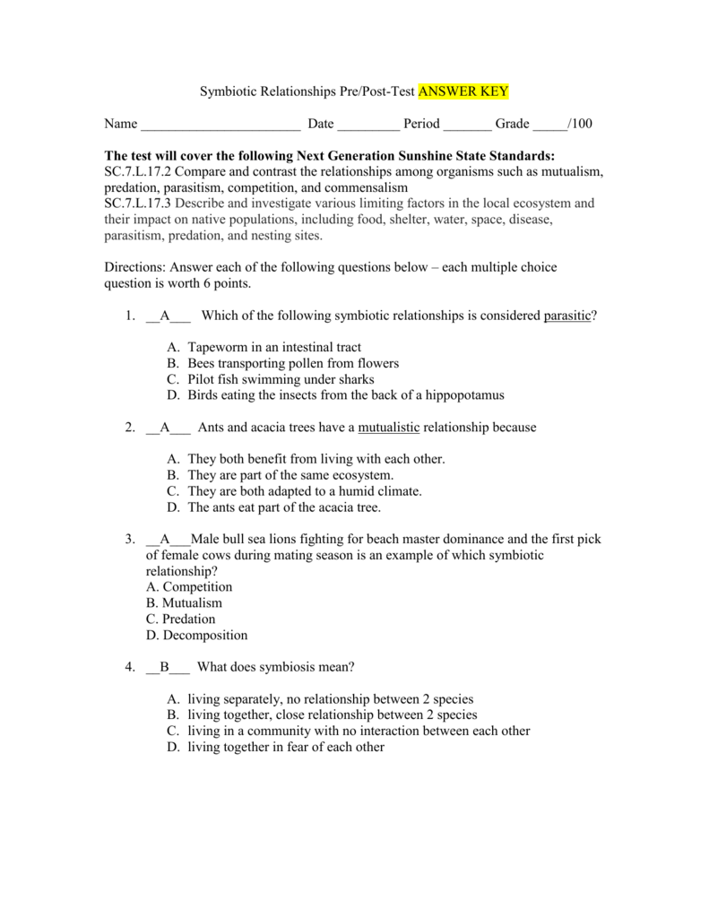 Symbiotic Relationships Quiz Throughout Symbiotic Relationships Worksheet Answers