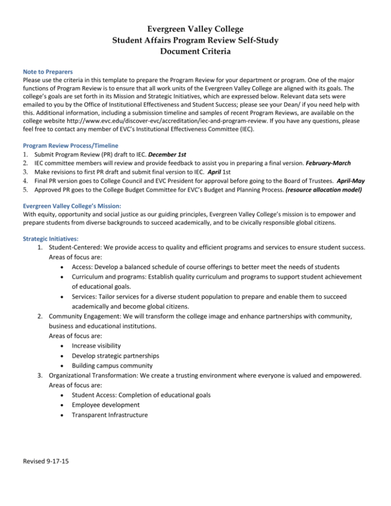 Student Affairs Program Review Criteria